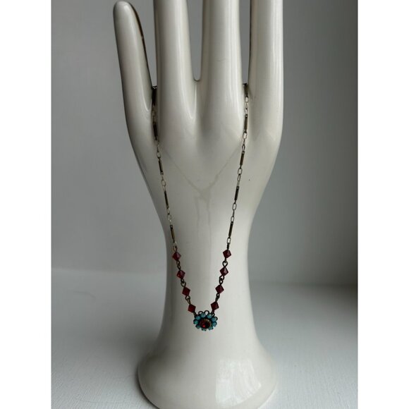 Vintage Liz Palacios BrassTone Red Blue Austrian Crystal Flower Necklace - Picture 4 of 9